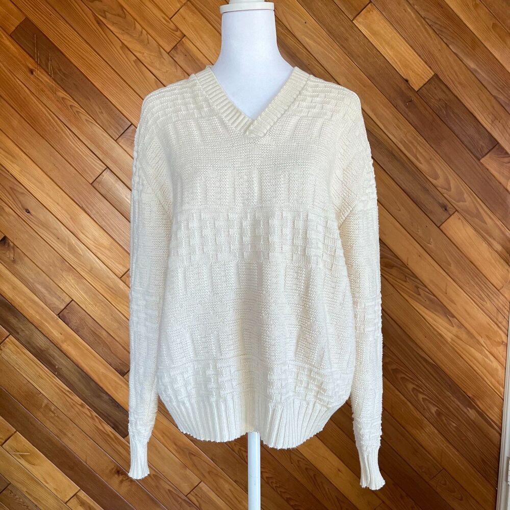 Vintage White Cotton Fisherman Geometric V-Neck  Sweater
